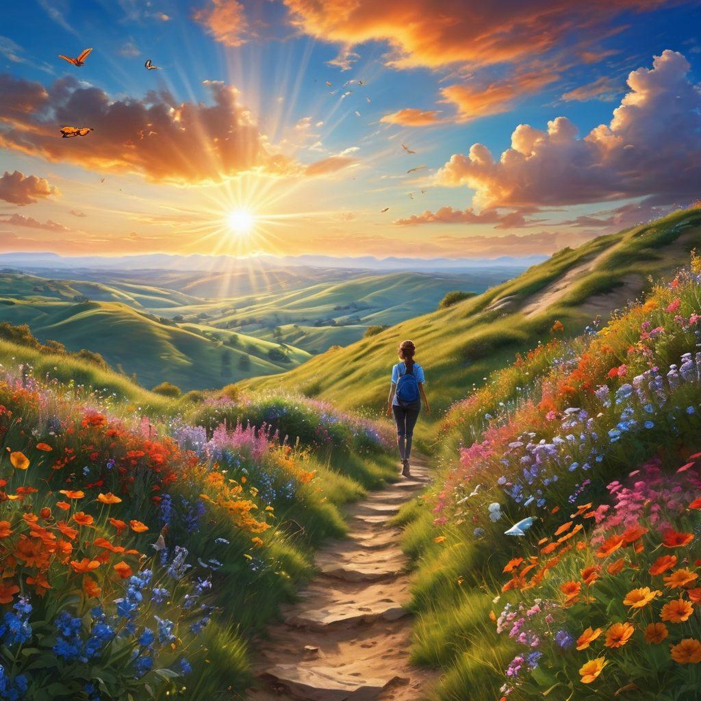 A bright sunrise symbolizing new beginnings, with a person joyfully stretching on a hilltop, surrounded by vibrant wildflowers and fluttering butterflies. Soft clouds and a radiant blue sky reflect a sense of hope and positivity. Include inspiring elements like a shining path leading into the horizon and playful sunshine filtering through leaves. super-realistic. vibrant colors. cheerful atmosphere.
