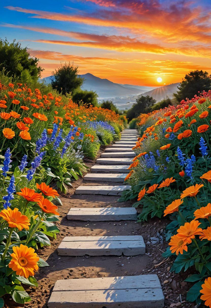 A pathway ascending towards a radiant sunrise, lined with vibrant flowers symbolizing joy and success. Alongside the path, various milestone signs depicting the '10 Steps' to cultivate happiness and achievement. People of diverse backgrounds are walking together, sharing laughter and positive energy. The sky is a blend of warm oranges and cool blues, embodying hope and brightness. painting. vibrant colors.