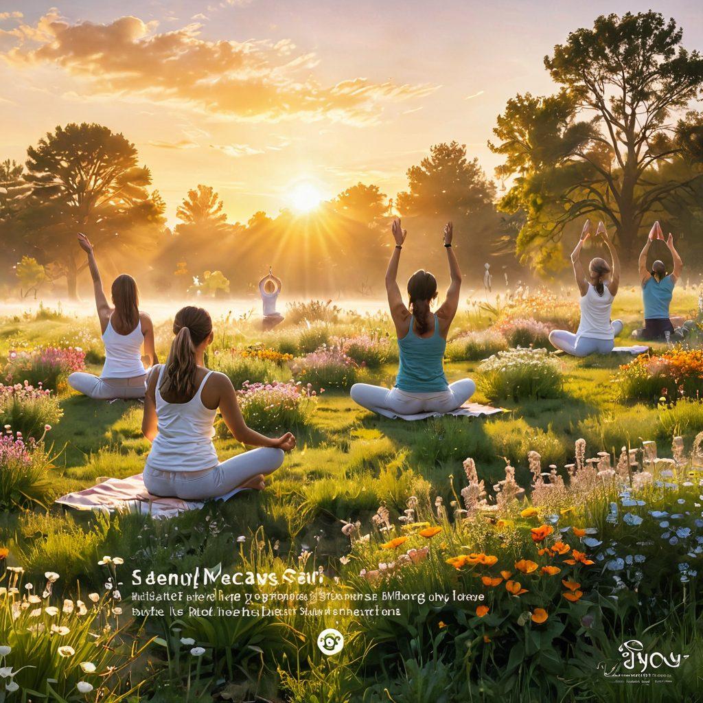 A serene landscape featuring a sunrise over a blossoming meadow, symbolizing hope and renewal. In the foreground, a diverse group of people joyfully engaging in activities like gardening, yoga, and painting, representing community and creativity. Soft, warm colors to evoke feelings of happiness and prosperity. A subtle overlay of uplifting quotes about joy and positivity in elegant typography. vibrant colors. painting.